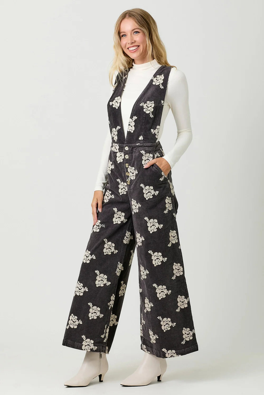 Embroidered Corduroy Jumpsuit - Black