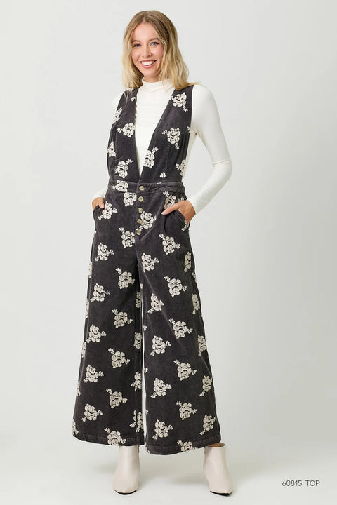 Embroidered Corduroy Jumpsuit - Black