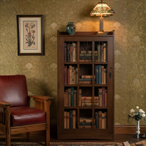 Mission Leaded Glass Bookcase with Lock & Key