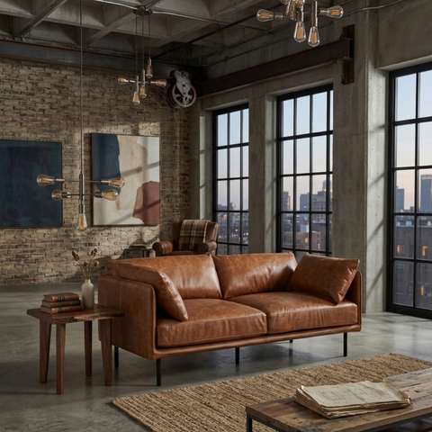 Venezia Industrial Modern Love Seat - Light Brown Leather