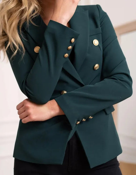 Timeless Fitted Blazer Jacket with Gold Double-Breasted Buttons Bottle Green