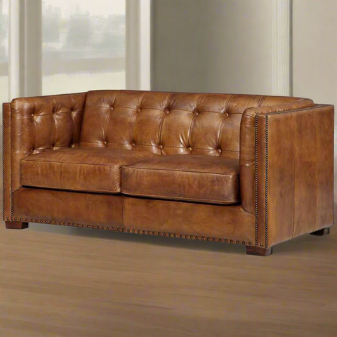 Tuxedo Leather Love Seat - Light Brown