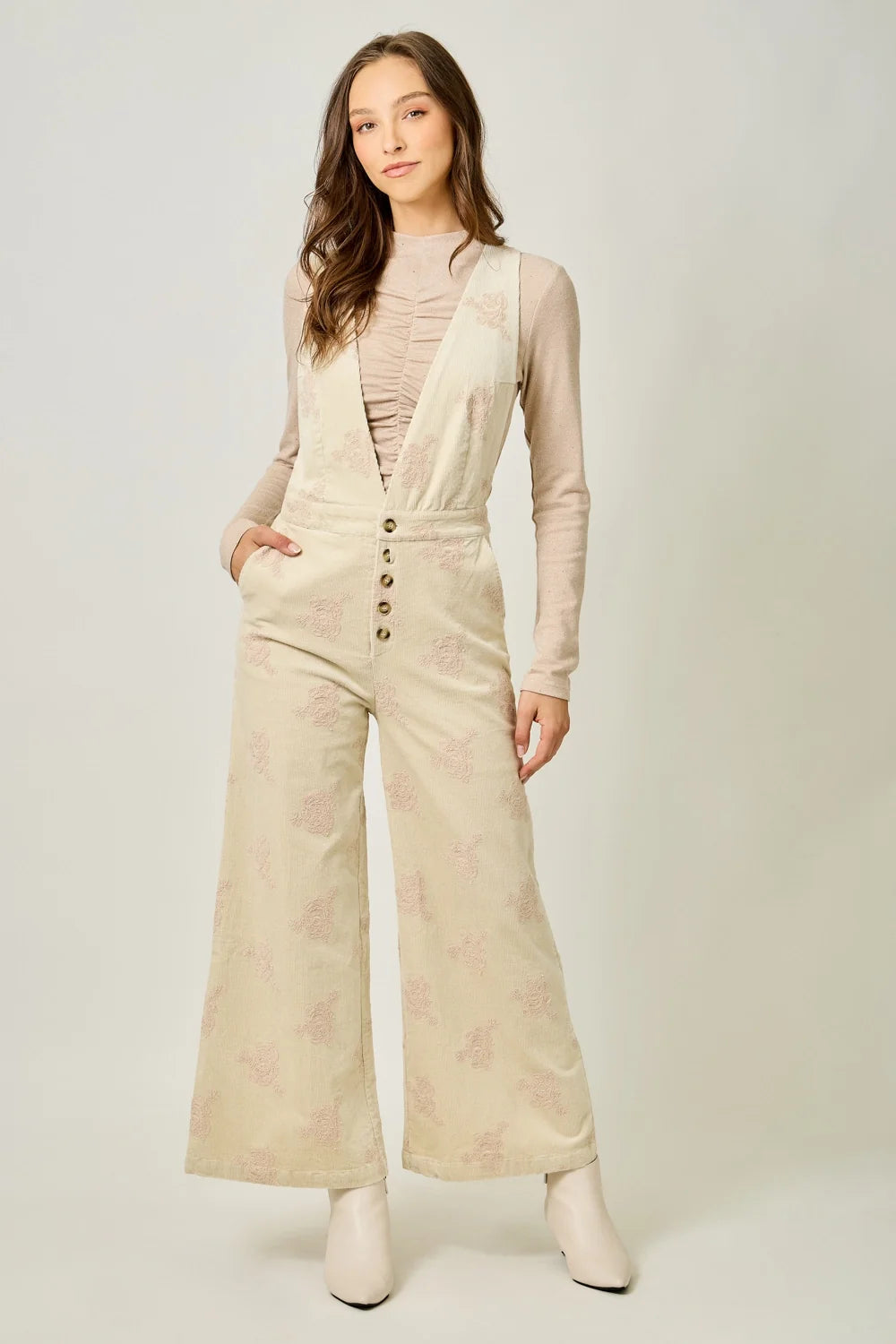 Embroidered Corduroy Jumpsuit - Washed Almond