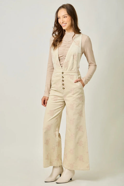 Embroidered Corduroy Jumpsuit - Washed Almond