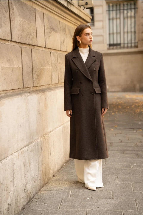 Long Fitted Double-Breasted Coat in A Wool Blend