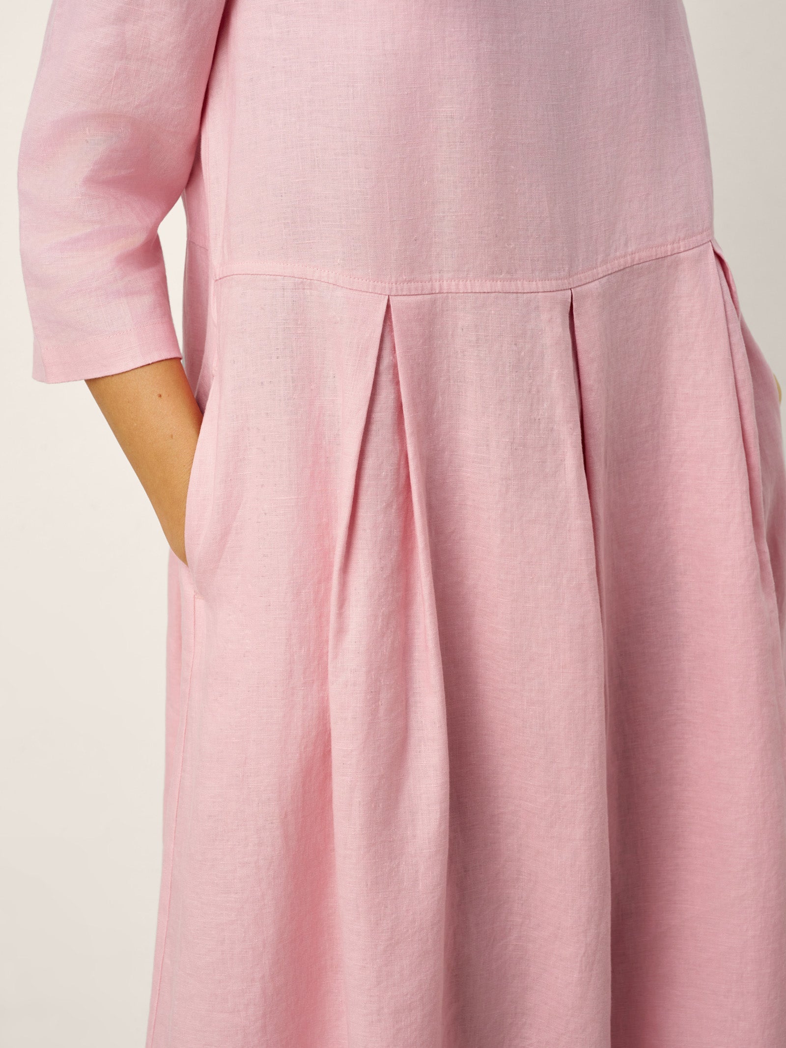 100% Linen Crescent Neck Decorative Button Waist Pleated Maxi Dress GWENYTH