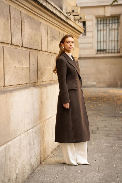 Long Fitted Double-Breasted Coat in A Wool Blend