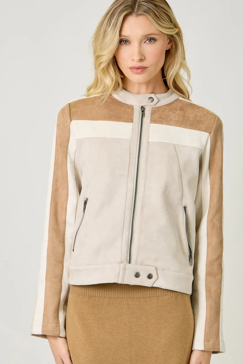Color Blocked Moto Jacket - Oatmeal Combo
