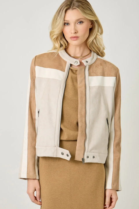 Color Blocked Moto Jacket - Oatmeal Combo