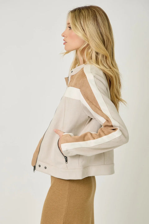 Color Blocked Moto Jacket - Oatmeal Combo