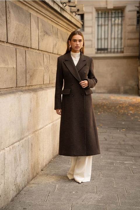 Long Fitted Double-Breasted Coat in A Wool Blend
