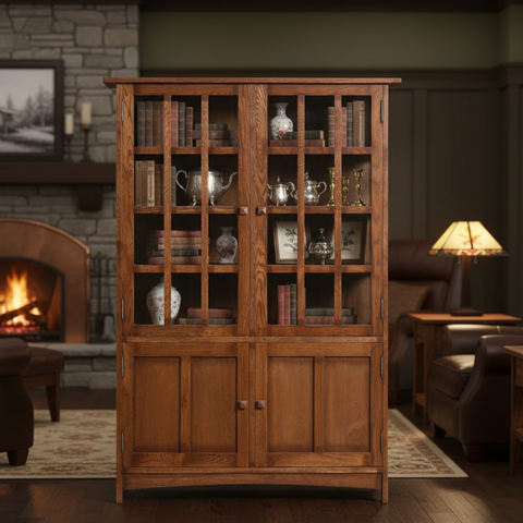Pre-Order Mission Oak 4 Door Display China Cabinet - Walnut - 49"W