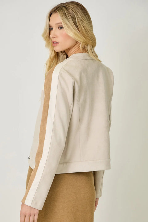Color Blocked Moto Jacket - Oatmeal Combo