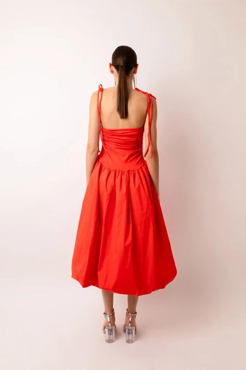 Alexa Stretch Strapless Puffball Midi Dress Orange