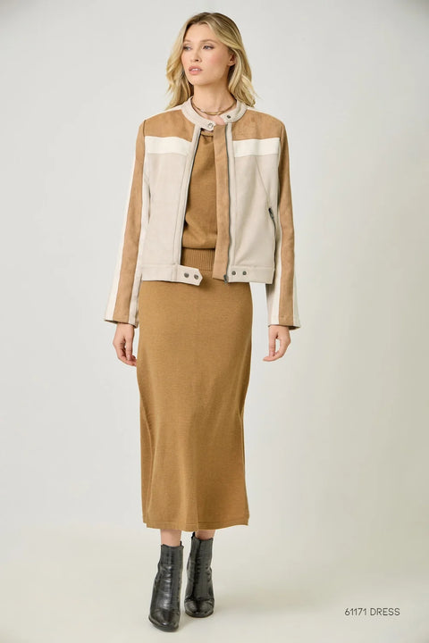 Color Blocked Moto Jacket - Oatmeal Combo
