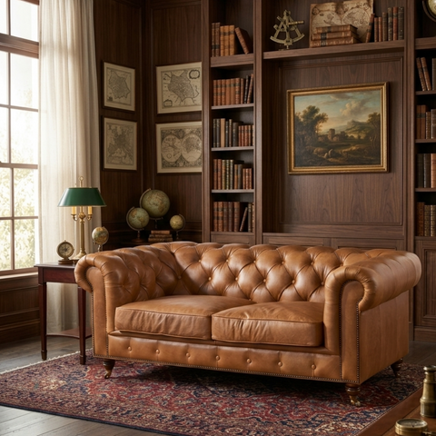 Century Chesterfield Love Seat - Light Brown Leather
