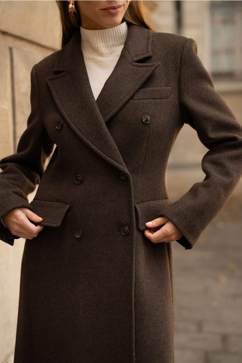 Long Fitted Double-Breasted Coat in A Wool Blend
