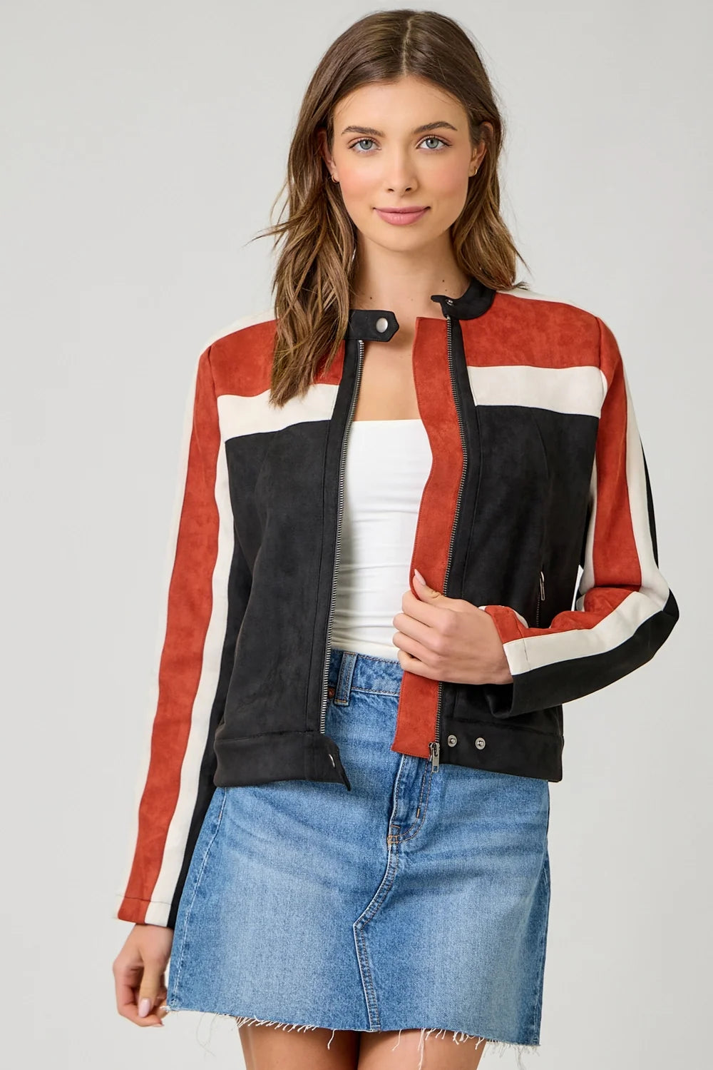 Color Blocked Moto Jacket - Black Combo