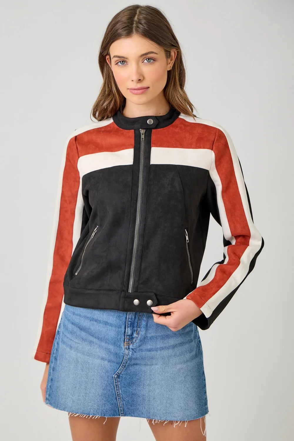 Color Blocked Moto Jacket - Black Combo