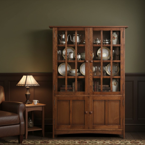 Pre-Order Mission Oak 4 Door Display China Cabinet - Walnut - 49"W