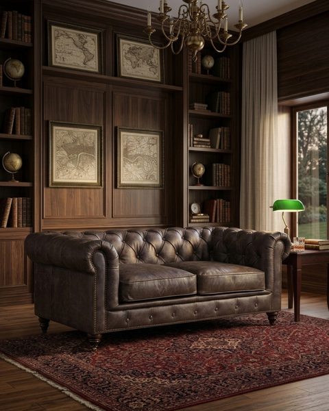 Century Chesterfield Love Seat - Dark Brown Leather