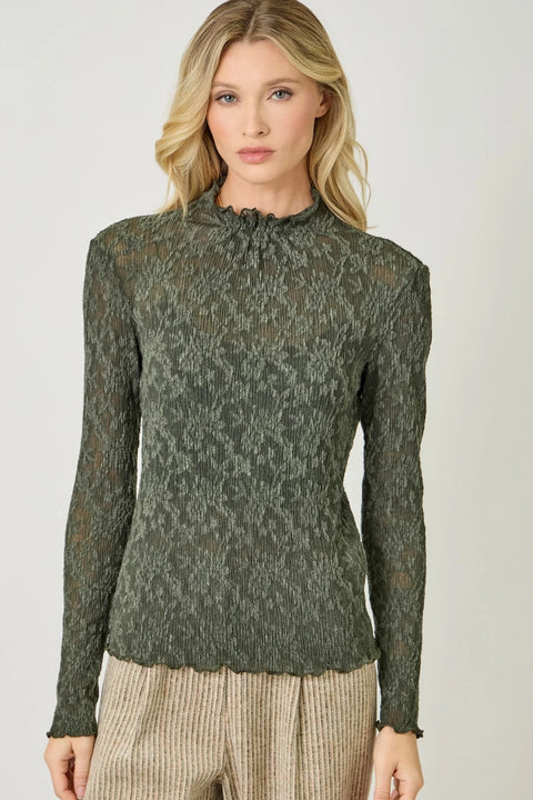 Lettuce Edge Textured Knit Top - Dark Green