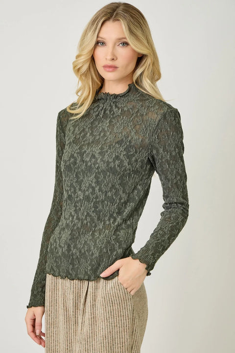 Lettuce Edge Textured Knit Top - Dark Green