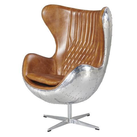 Cruz Modern Egg Chair - Brown Leather and Metal Spitfire Shell
