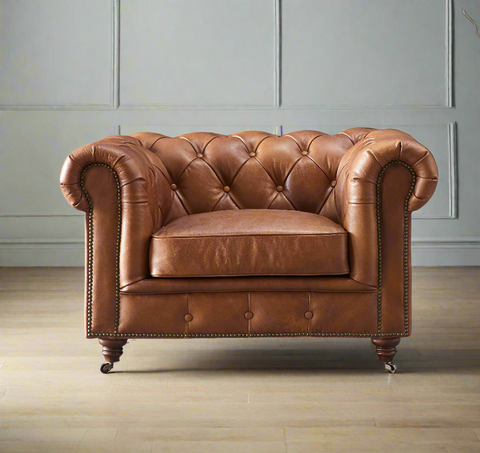 Century Chesterfield Arm Chair - Bark Brown Leather