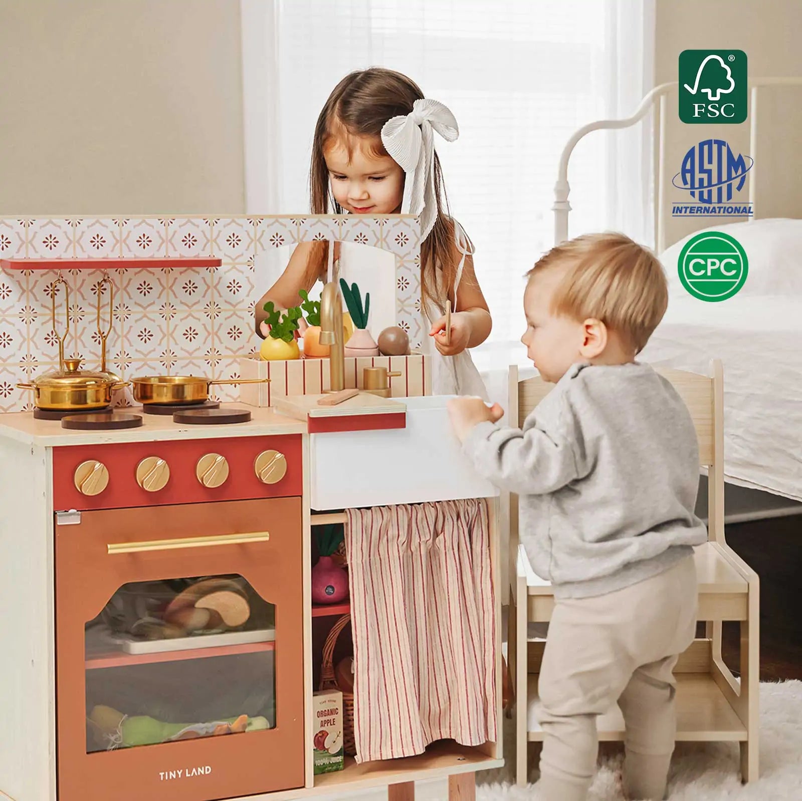 Tiny Land® Wooden Play Kitchen for Toddlers - Honey Kitchenette Pretend Cooking Set