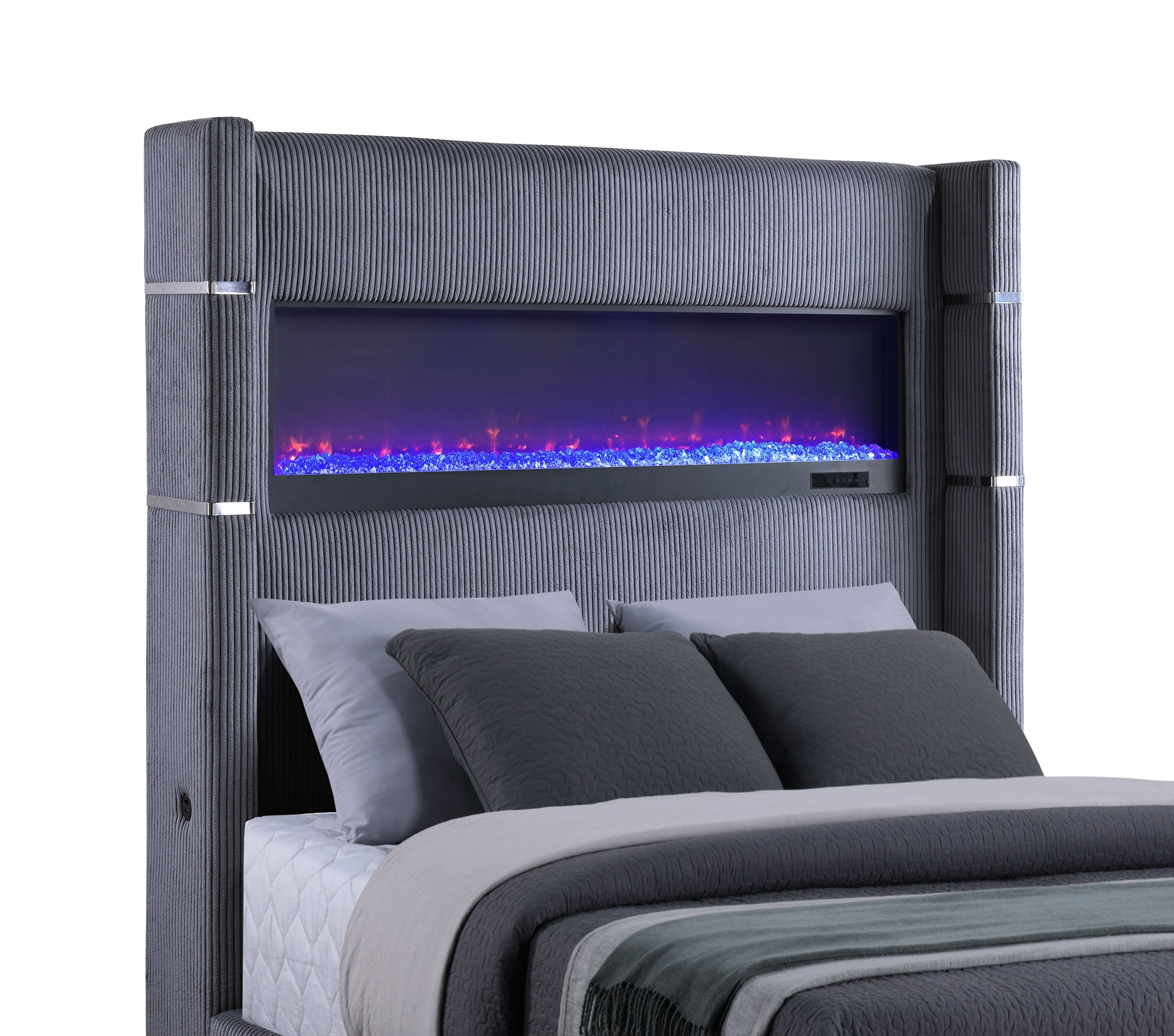 Tisdall Upholstered Eastern King Flame Visualizer Bed Grey