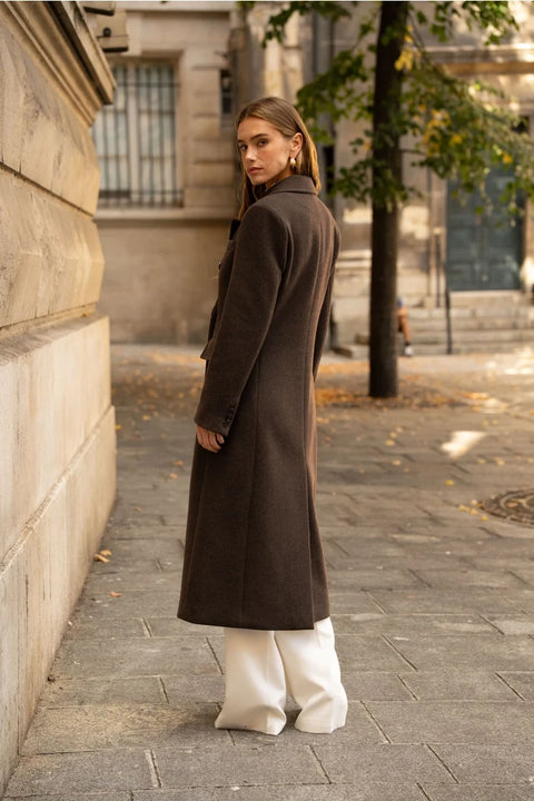 Long Fitted Double-Breasted Coat in A Wool Blend