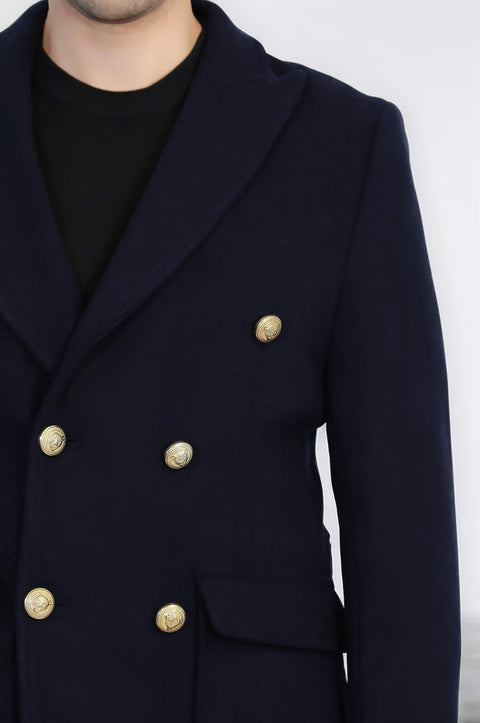 Navy Blue Metal Buttoned Double Breasted Long Coat - Wessi