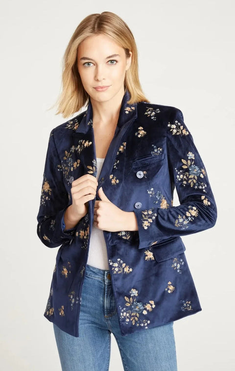 Velvet Blazer In Navy X Speck Embroidery