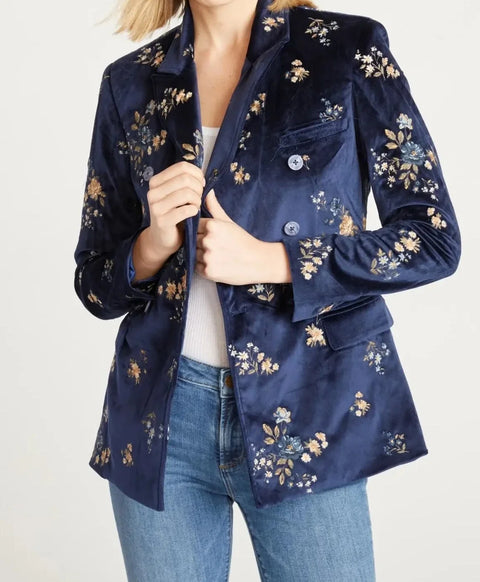 Velvet Blazer In Navy X Speck Embroidery