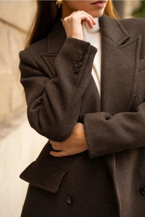 Long Fitted Double-Breasted Coat in A Wool Blend