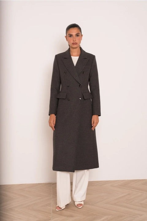 Long Fitted Double-Breasted Coat in A Wool Blend