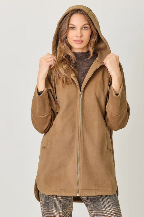 Hoodie Zip-Up Coat - Camel