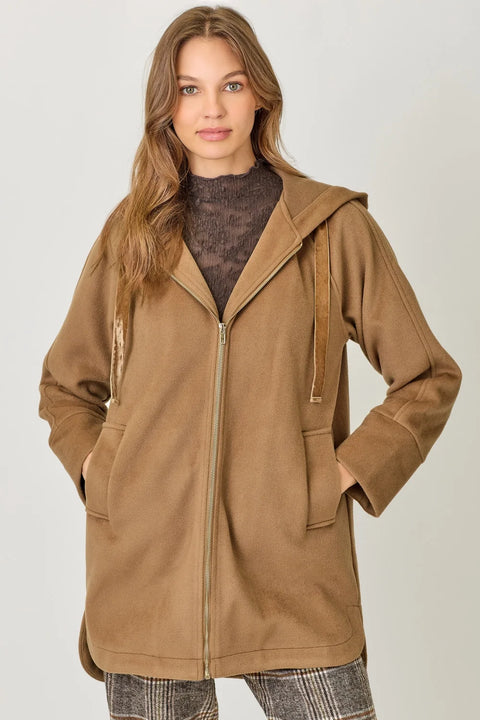 Hoodie Zip-Up Coat - Camel