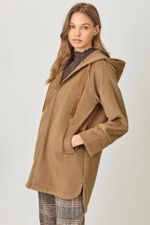 Hoodie Zip-Up Coat - Camel