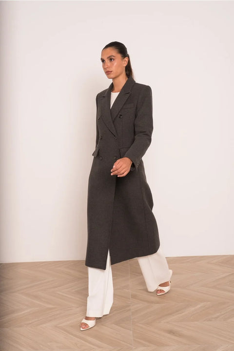 Long Fitted Double-Breasted Coat in A Wool Blend