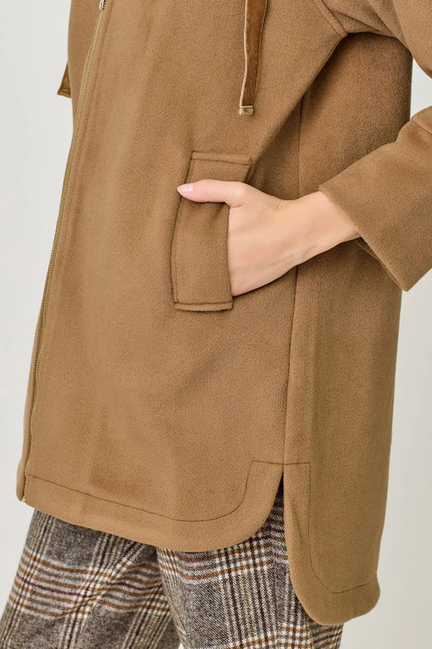 Hoodie Zip-Up Coat - Camel