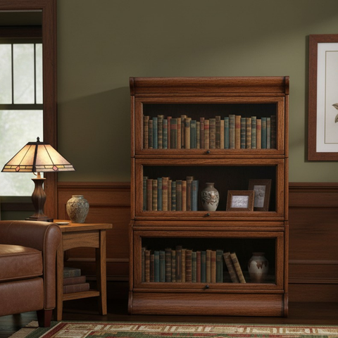 Mission 3 Stack Oak Barrister Bookcase - Beveled Glass