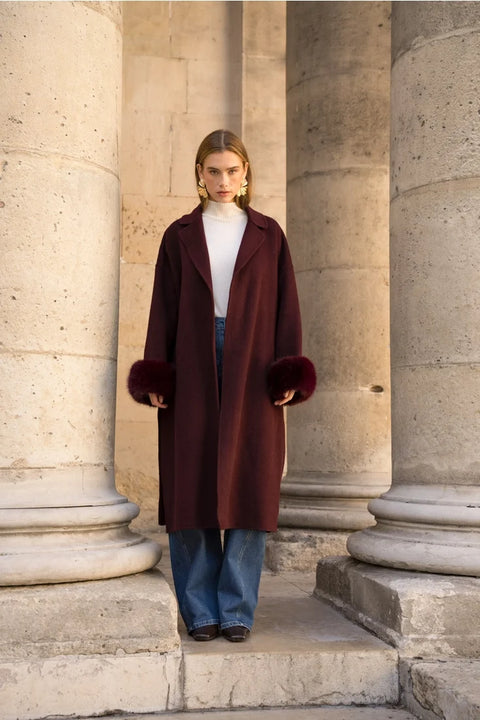 Wool-Blend Coat with Removable Faux-Fur Cuffs