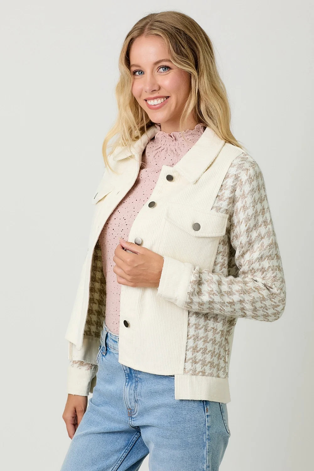 Houndstooth Sleeve Corduroy Jacket