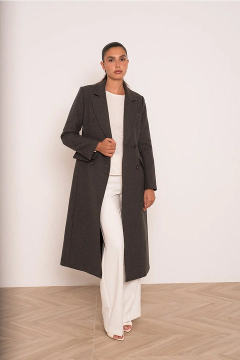 Long Fitted Double-Breasted Coat in A Wool Blend