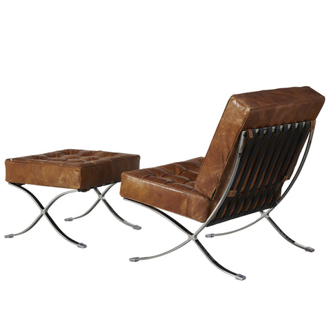 Francisco Modern Curule Style Chair and Ottoman Set - Brown Leather