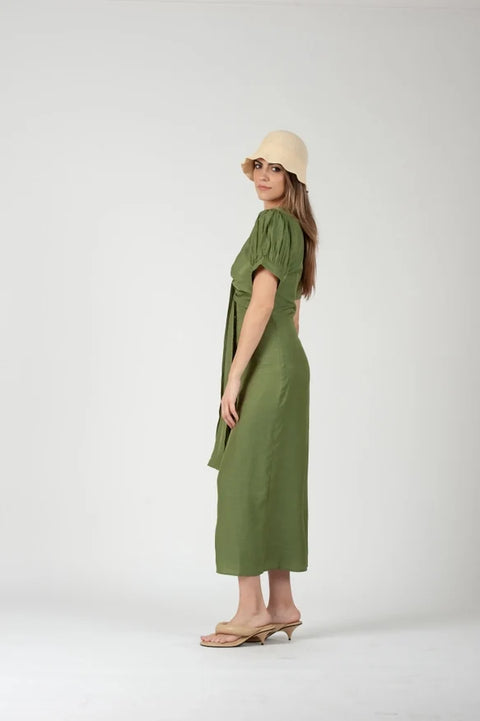 Grecian Puff Sleeve Midi Dress Grass Color