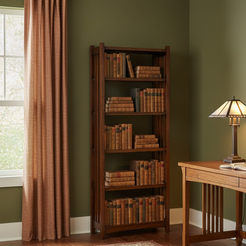 Pre-Order. Mission Spindle Side 5 Shelf Bookcase - Walnut (W1)