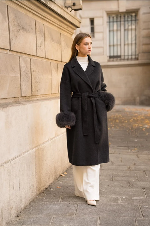 Wool-Blend Coat with Removable Faux-Fur Cuffs